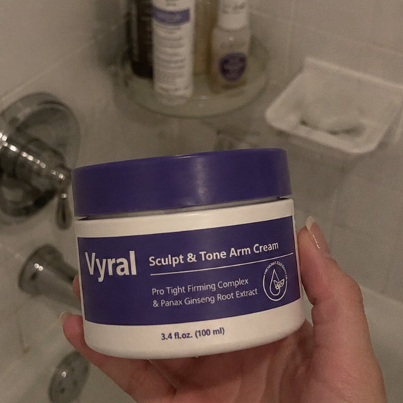 Collage of a person holding a jar of Vyral Sculpt & Tone Arm Cream in a bathroom setting.