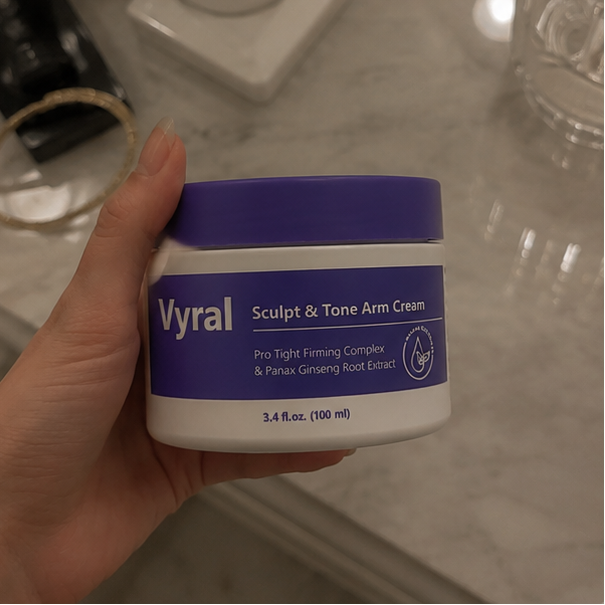 Collage of Vyral skincare products held in a bathroom setting.