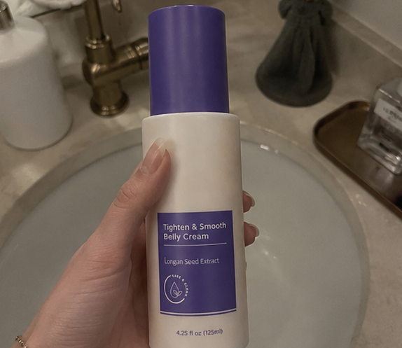 Collage of a person holding a jar of Vyral Sculpt & Tone Arm Cream in a bathroom setting.