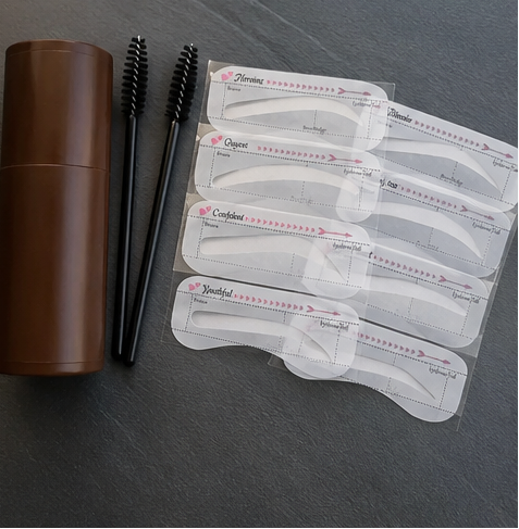 A collage showing a brown eyebrow pomade stick and its applicators, alongside swatches of the product applied to skin and several views of the product with eyebrow pencil and false eyebrow patches.