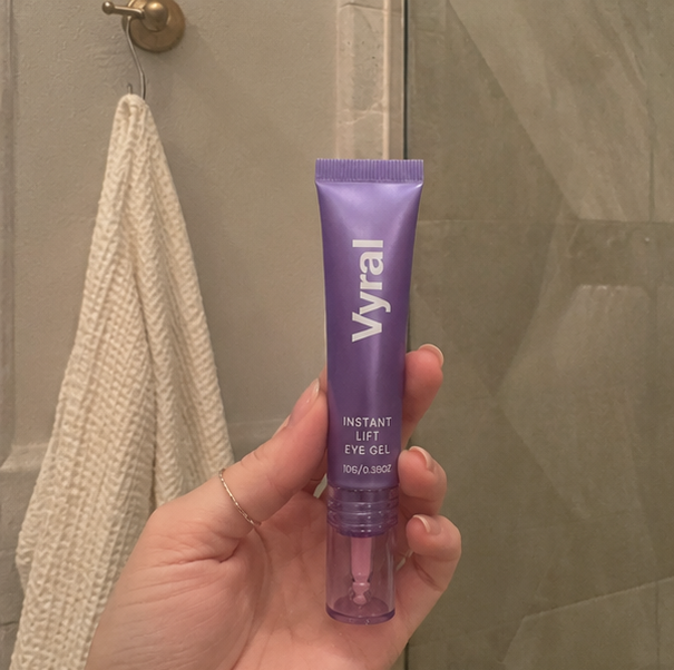 Collage of a person holding various Viral skincare products in a bathroom setting.