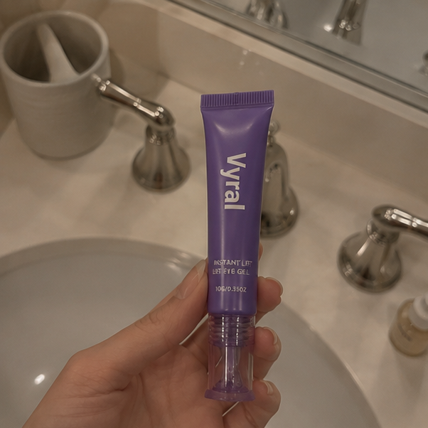 Collage of Vyral skincare products held in a bathroom setting.