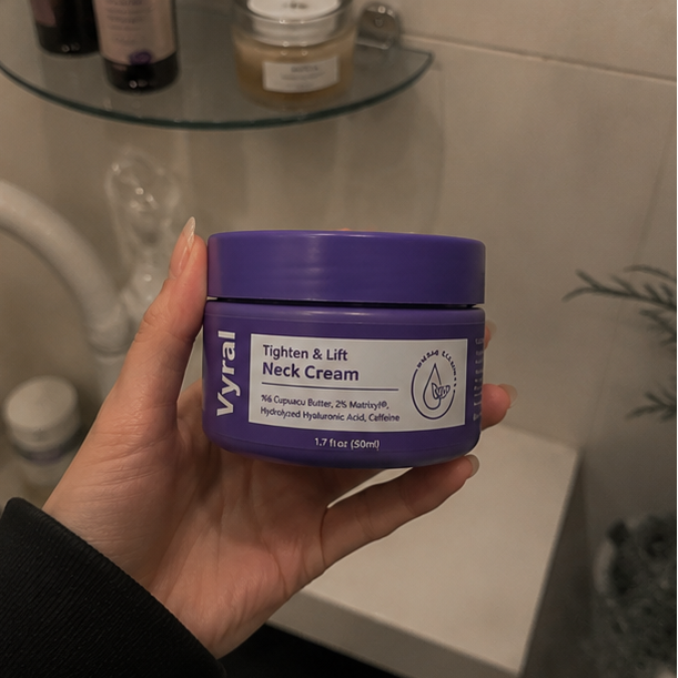 Collage of Vyral skincare products held in a bathroom setting.