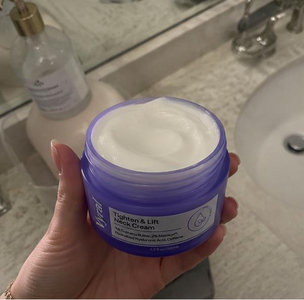 Collage of a person holding various Viral skincare products in a bathroom setting.